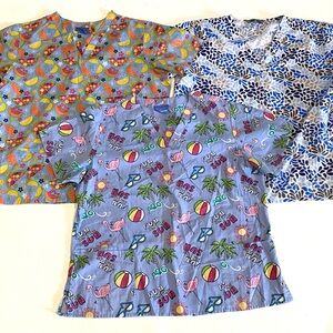 Lot of 3 Women’s XL Fun Colorful Patterned Scrub Uniform Tops